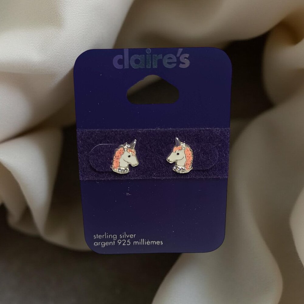 Claire's Unicorn Stud Earrings Sterling Silver Enamel and Rhinestones